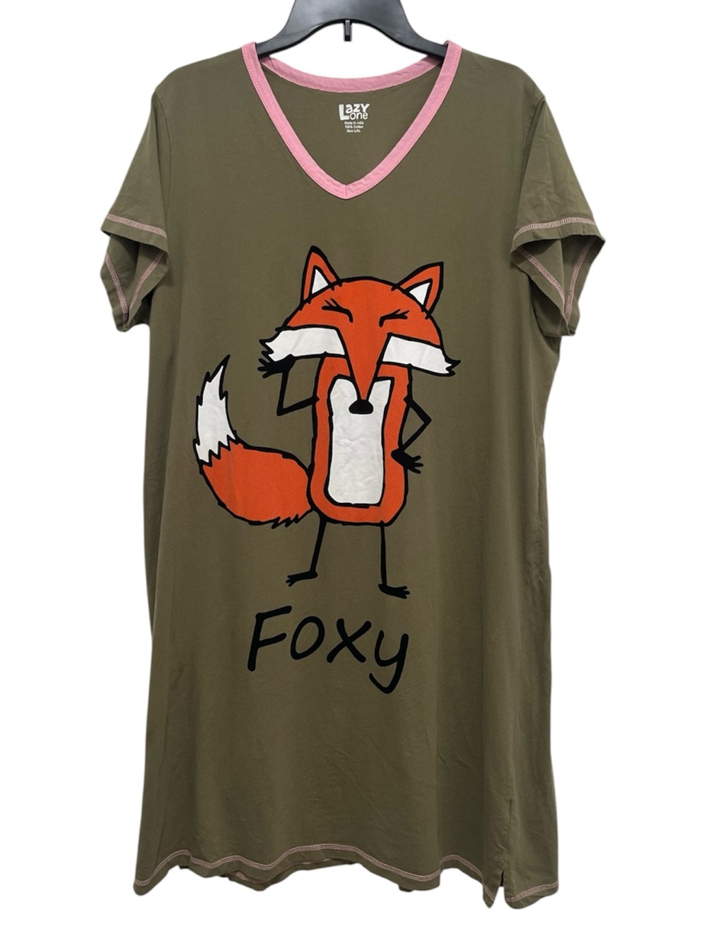 LAZY ONE Foxy Cotton Nightgown Olive Green With Pink Sleep Shirt Size L/XL